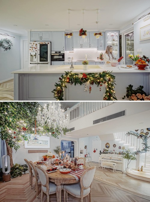 Hang also spends time decorating the kitchen, dining table and piano corner. Even small items such as dishes and tablecloths are chosen by the owner to match the Christmas vibe. On social networks, many people commented that the apartment with the baby blue tone is like a place in fairy tale.