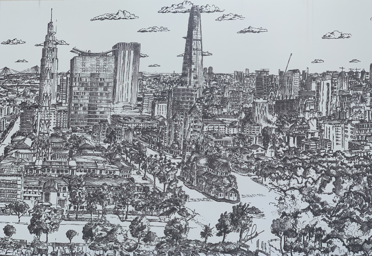 The detailed scene of the city center in the 15-meter-long artwork, featuring the Saigons iconic Notre Dame Cathedral surrounded by modern buildings.