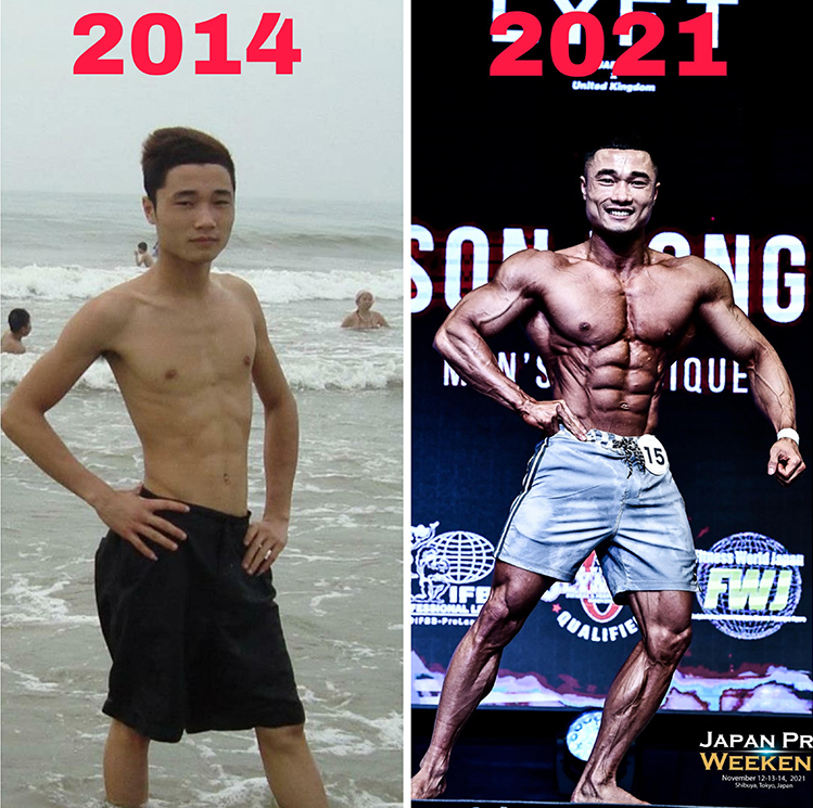 Luong Hong Son in 2014 (L) and during his time competing for Olympia Amateur Japan 2021. Photo courtesy of Son