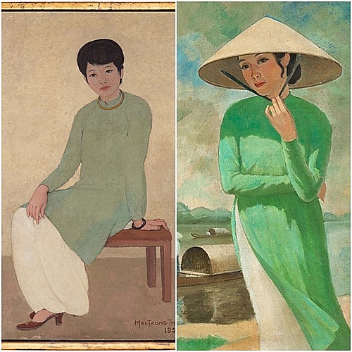 Portrait of Mademoiselle Phuong and Femme au Chapeau Conique le Long de la Rivière’ by Mai Trung Thu. Photo courtesy of Sothebys