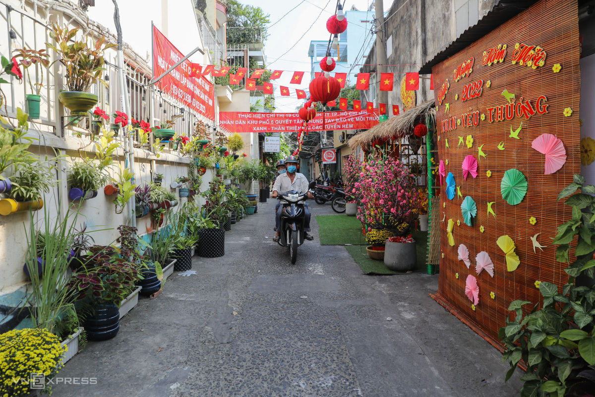 Alley 153 on Nguyen Thi Minh Khai Street in District 1 has been transformed into a mini flower street thanks to the contributions of more than 100 households.This is the second year the alley is decorated for Tet. This year is on a larger scale with a budget of around VND15 million ($661.74), said  Nguyen Thi Ngoc Cam, head of neighborhood 6.