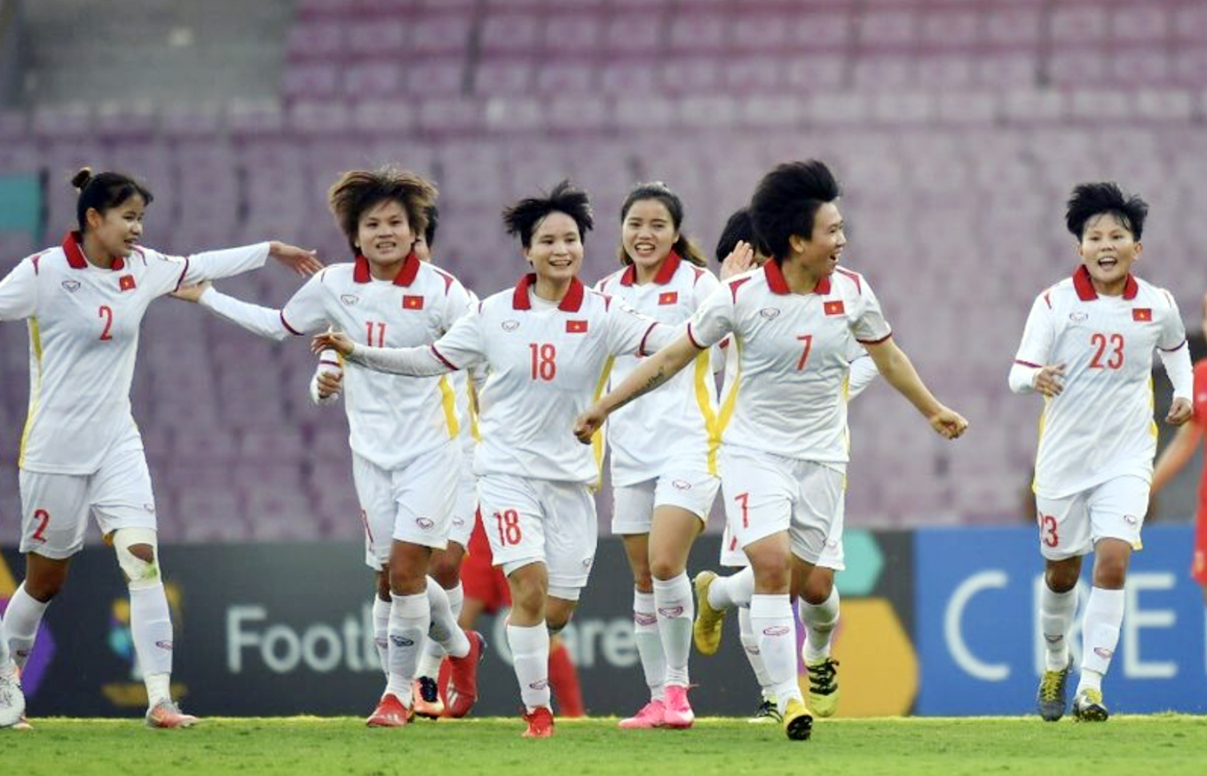 Vietnam players celebrate after scoring against China in Womens Asian Cup India on January 30, 2022. Photo by Asian Football Confederation