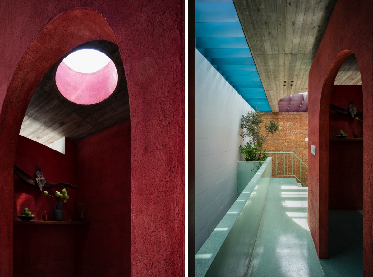 Besides light and trees, the building also creates many emotions for residents through the use of color. For example, the worship area is dark red and the stairs area is soft blue.