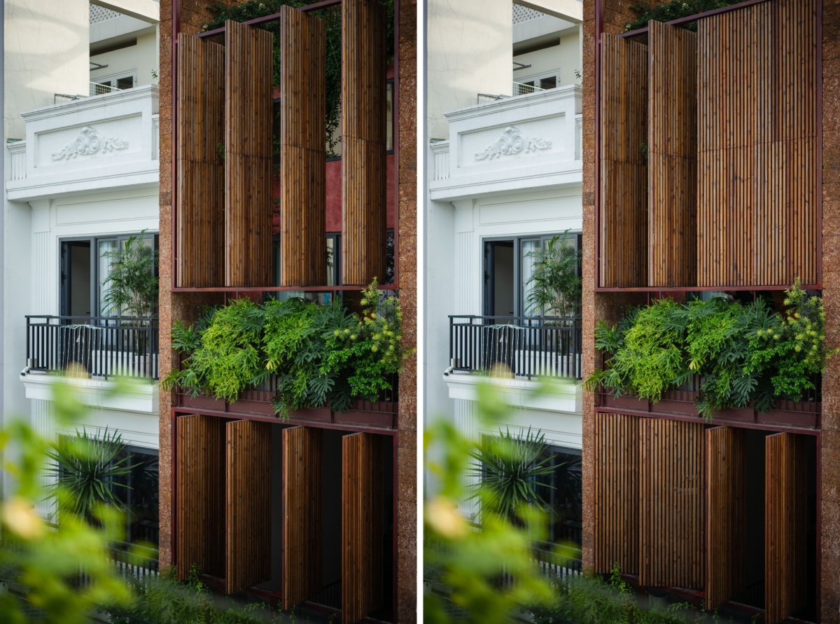 The wooden door system, which opens and closes flexibly, makes the house like breathing and moving. It also regulates microclimate and environmental factors such as noise, dust, sun and rain, and enhances green areas.