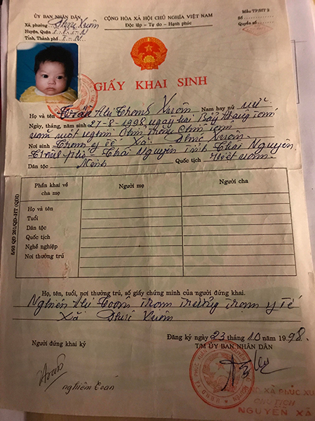 Martels Vietnamese birth certificate. Photo courtesy of Martel