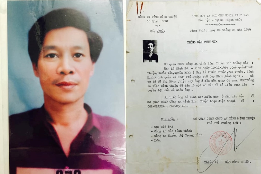 A picture of Le Minh Son (L), also known as Truong Dinh Khoi and Truong Dinh Chi, along with a notice for his arrest as a suspect for a robbery and murder by police of Binh Thuan in 1999. Photo obtained by VnExpress