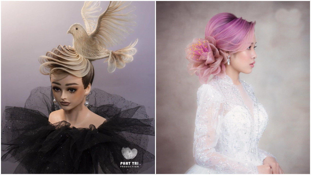 Dove-inspired hairstyle and flower updo designs by Tri. Photo courtesy of the artist
