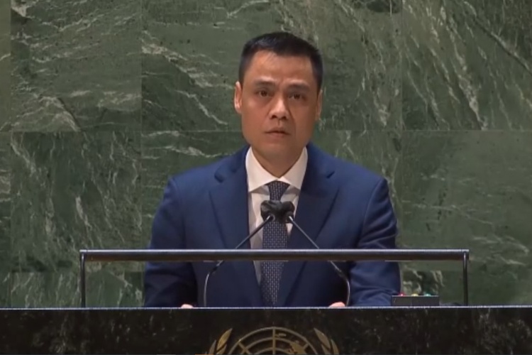 Vietnams ambassador Dang Hoang Giang speaks at a U.N meeting on March 23, 2022. Photo by Vietnams Ministry of Foreign Affairs