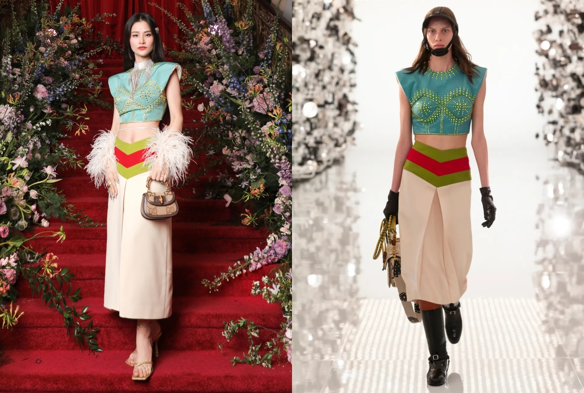 Singer Dong Nhi dons outfits from Gucci 2021 Fall-Winter 2021 but using feather sleeves instead of leather gloves.