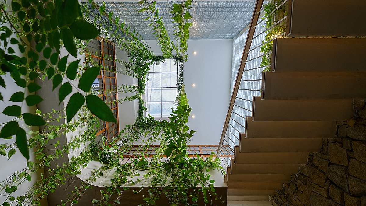 The house boasts a skylight the provides enough sunlight for indoor plants to grow and thrive.