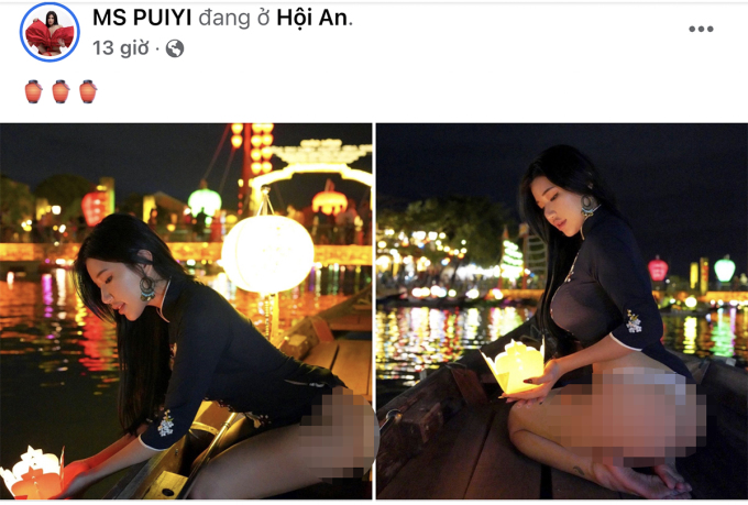 Two photos show a Malaysian internet celebrity MS PUIYI or Siew Pui Yi wear traditional Vietnamese long dress without long trousers and release lanterns onto Hoai River in Hoi An ancient town. Photo courtesy of Facebook MS PUIYI
