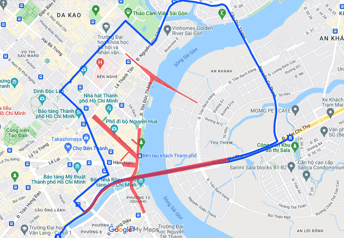 A map of downtown HCMC with red indicating blocked roads and blue indicating alternate routes. Photo courtesy of HCMC Department of Transport