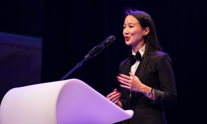Tran delivers a speech during a GLOBSEC conference in Bratislava, Slovakia, in June 2019. Photo courtesy of Trans Facebook