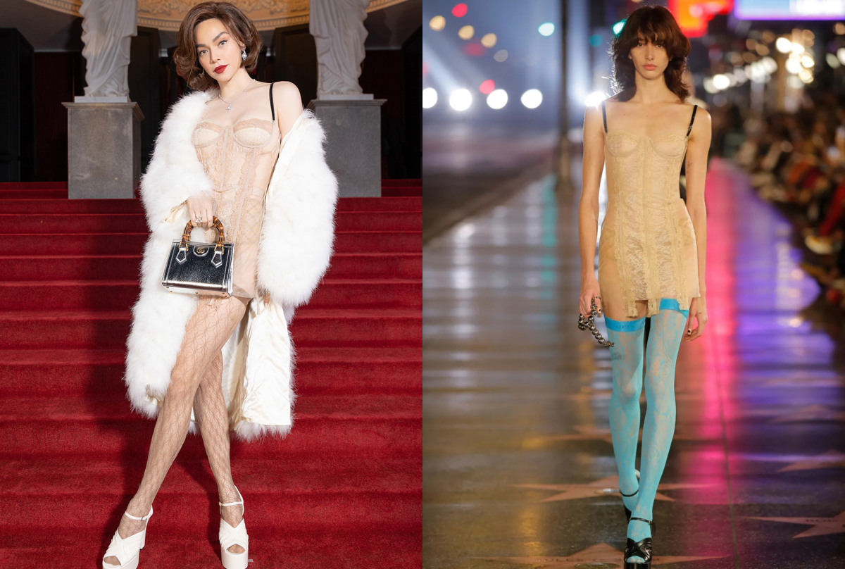 Joining an event of Gucci on March 13, singer Ho Ngoc Ha dons a nude dress in the 2022 Spring-Summer collection of the Italian fashion house. Instead of copying the model, Ha chooses to wear her dress with a feather coat and metallic bag.