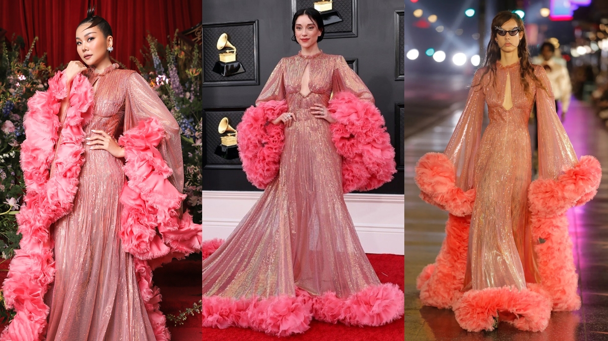 Model Thanh Hang wears a pink dress similar to American musician St. Vincent (middle) and the Gucci model (R). However, Hang chooses a different makeup and hairstyle for her red carpet look.