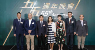 The guest of honor and the management team of Asia Allied Infrastructure group photo at the 55th anniversary cocktail ceremony. (from left to right) Chief Financial Officer of AAI, Mr. Martin Shea; Chairman of AAI, Mr. Dominic Pang; Secretary for Transport and Logistics, HKSAR Government, Ir Lam Sai-hung, GBS, JP; The wife of Secretary for Transport and Logistics, HKSAR Government, Ms Siu Wing-yee, Doris; Honorary Director of AAI, Madam Li Wai Hang; Chief Executive Officer of AAI, Ir Dr. Derrick Pang, JP; and Deputy Chairman of AAI, Mr. Jerry Xu.