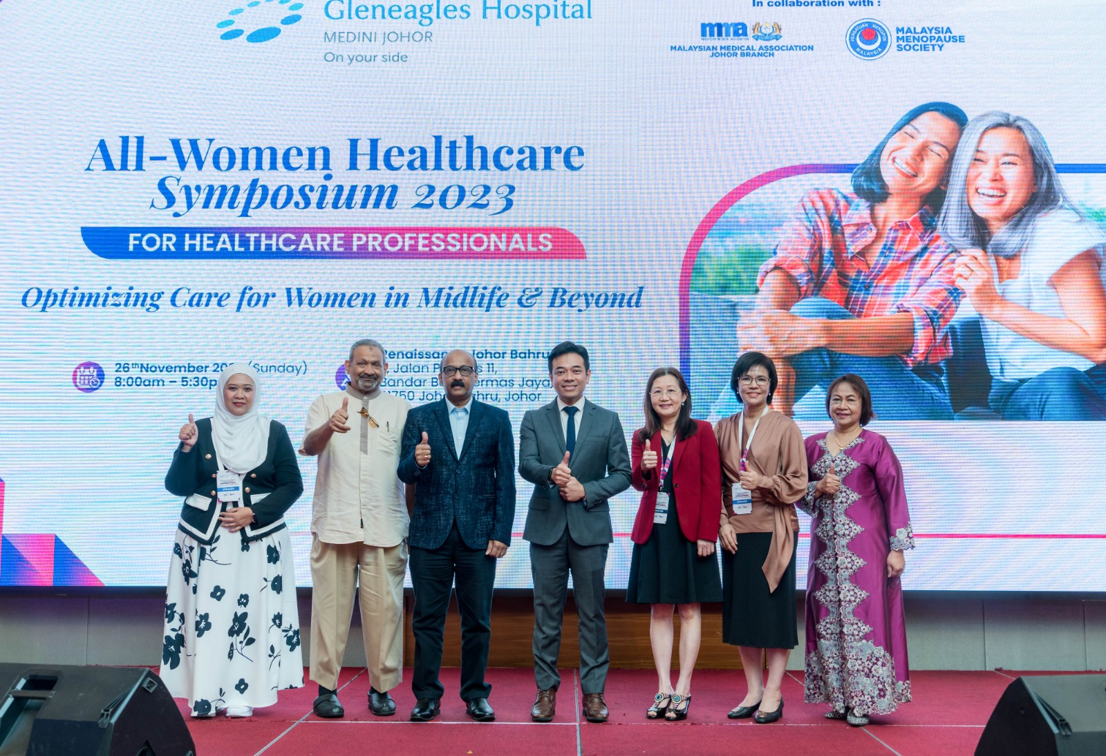 From left to right: Dr Rohaida Binti Adam (Co-course Director and Moderator, Consultant, Obstetrics and Gynaecology, O&G), Dr Abdul Kadir Bin Abu Bakar (PIC of Gleneagles Hospital Medini Johor), Dr Mohan Kandasamy (Chairman of the Malaysian Medical Association Johor Branch), Dr Kamal Amzan (CEO of Gleneagles Hospital Johor), Dr Ho Choon Moy (President, Malaysa Menopause Society), Dr Sharifah Halimah Jaafar (Conference Director), Prof Dr Jamiyah Hassan is a consultant, Fetomaternal Medicine, Department of Obstetrics and Gynaecology, Hospital Al-Sultan Abdullah, UiTM Puncak Alam)