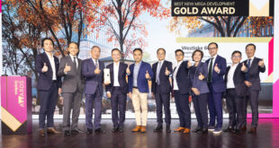 Mr. Kenneth Chiu, Executive Director and Chief Financial Officer (fourth left), Mr. Adrian Lo, Director – Project Management (third left), other executives of Hang Lung Properties and Westlake 66’s design consultants receive the Gold Award in the “Best New Mega Development” category at the MIPIM Asia Awards 2023